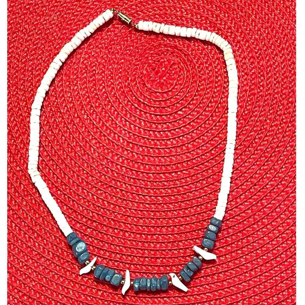 Native American Bird Fetish Heishi Shell Puka Lapis Bead Necklace Vintage Estate